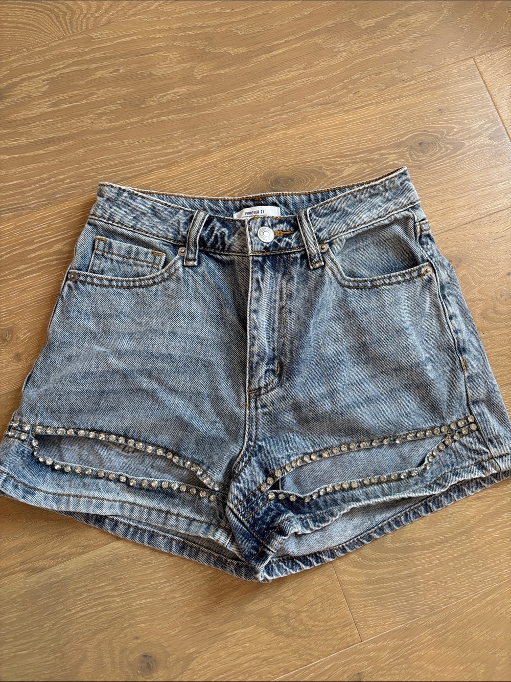 Light Blue Crystal-Trim Denim Shorts